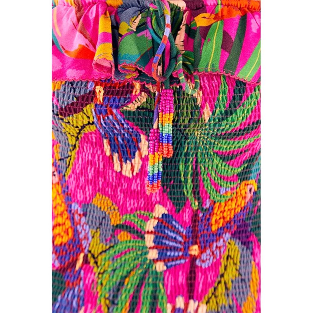 NWT Farm Rio Pink Painted Toucans Smocked Mini Dress w/Puff Sleeves, Square Neck - Picture 5 of 6